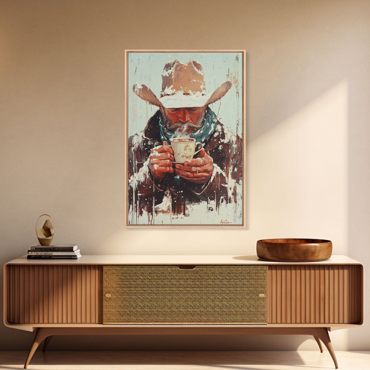 Cowboy Riding Horse in Winter Forest Framed Canvas Print - Moody Winter Landscape Art Perfect 2024 Christmas Home Decor