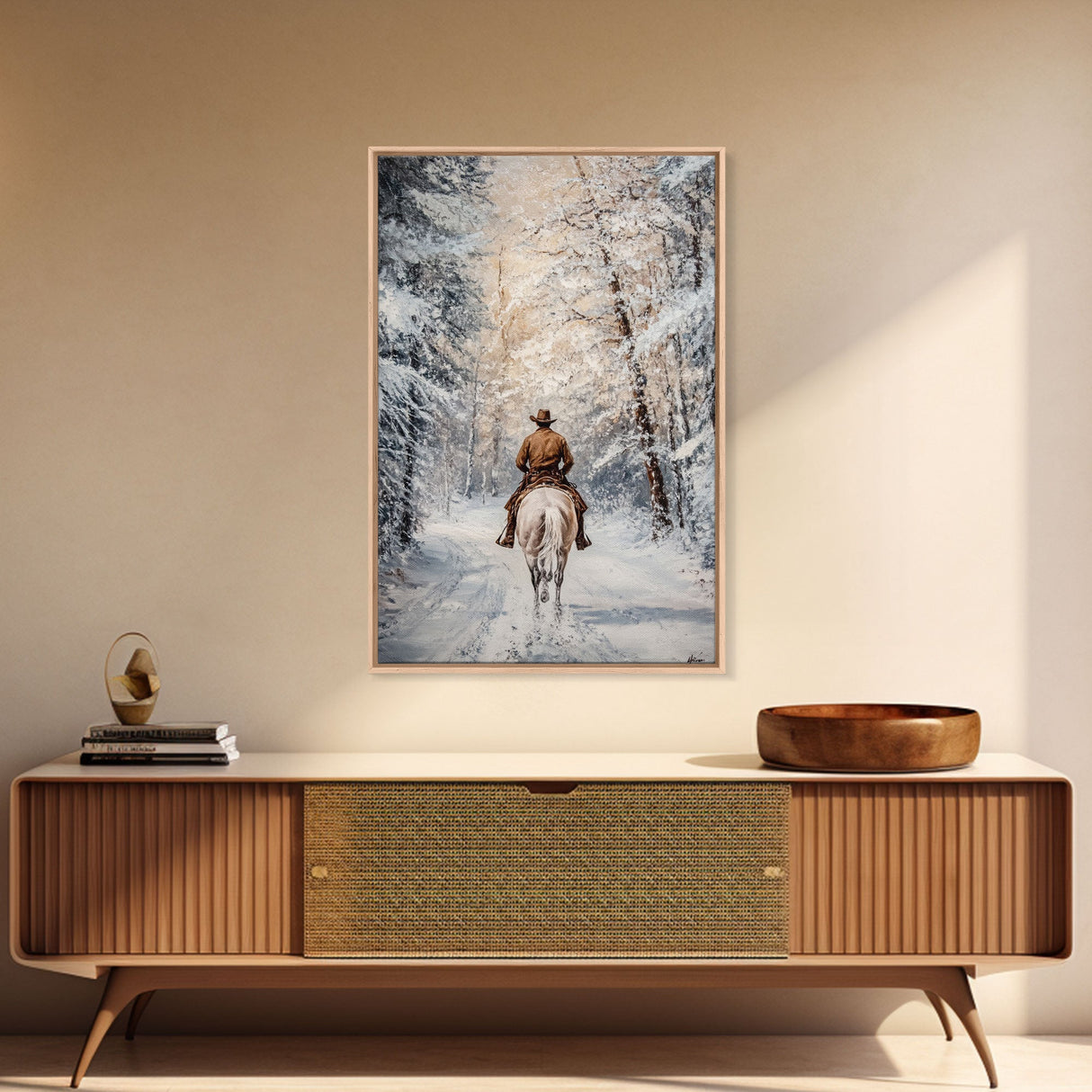 Cowboy by Window with Coffee Framed Canvas Print - Cozy Christmas Wall Art 2024 Rustic Holiday Decor and Gift Idea