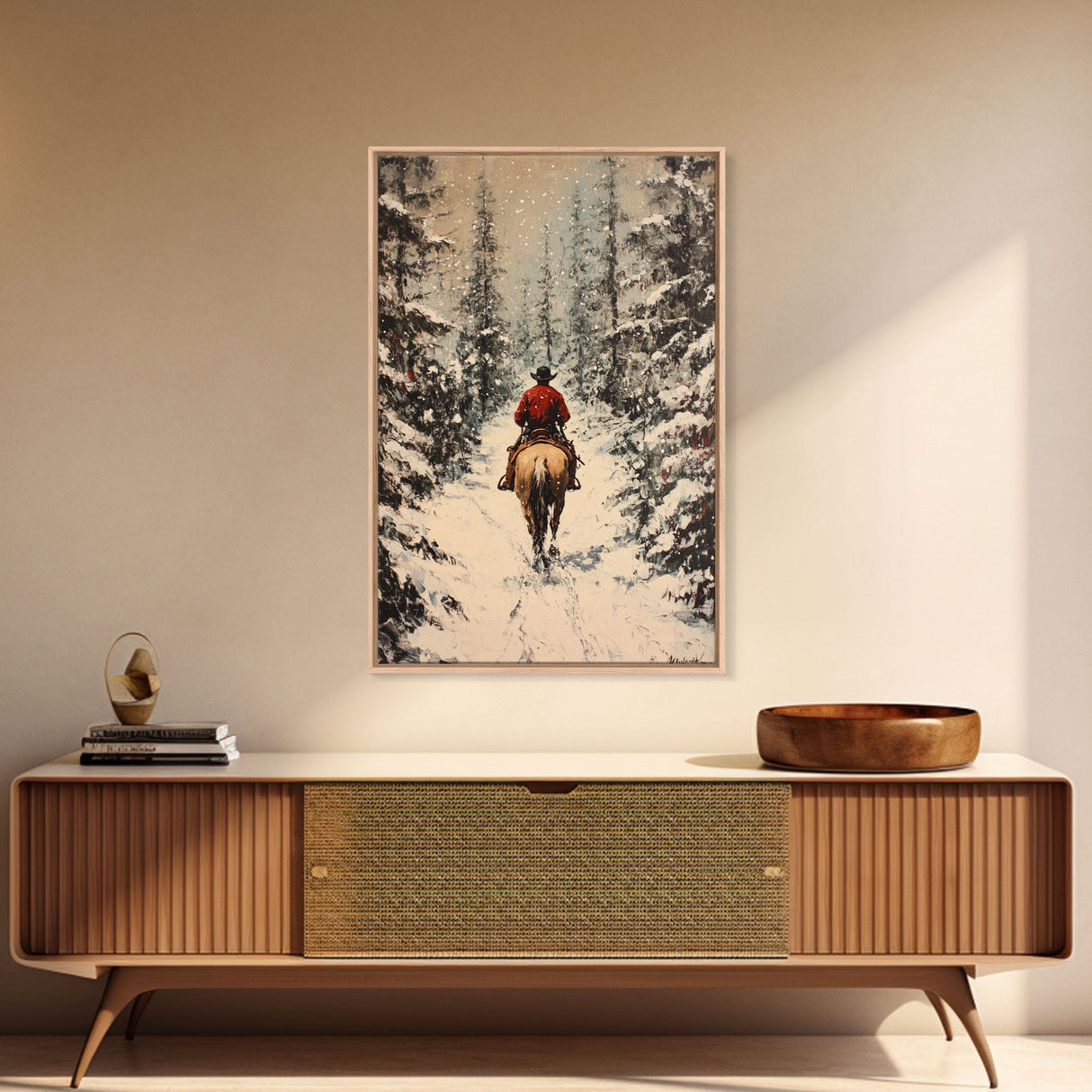 Cowboy on Horseback in Golden Autumn Trees Framed Canvas Print Rustic Christmas Wall Art Fall Decor Country Christmas Gift Seasonal Wall Art