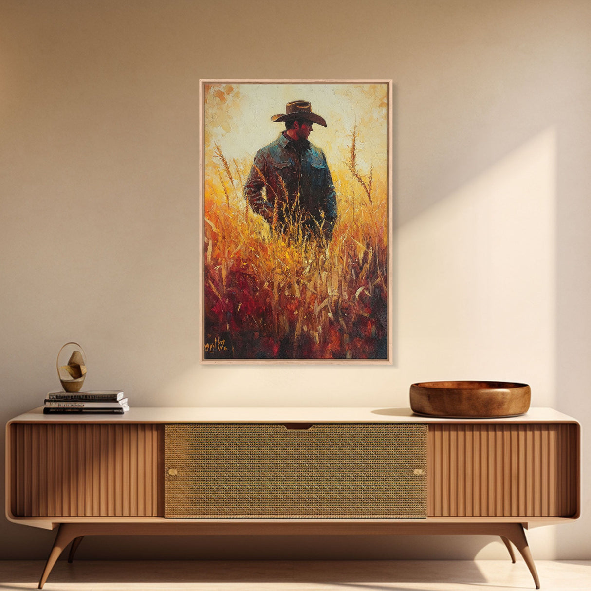 Cowboy in Golden Wheat Field Canvas Print, Western Landscape Art Gift, Seasonal Decor, Modern, Perfect Holiday Gift, Framed Canvas Print