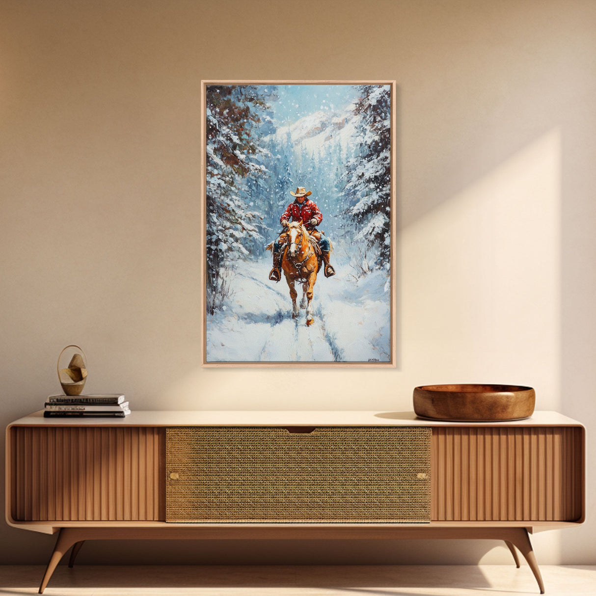 Cowboy Walking Through Snowy Winter Forest Canvas Print, Western Christmas Art Gift, Holiday Wall Decor, Rustic Art, Framed Canvas Print