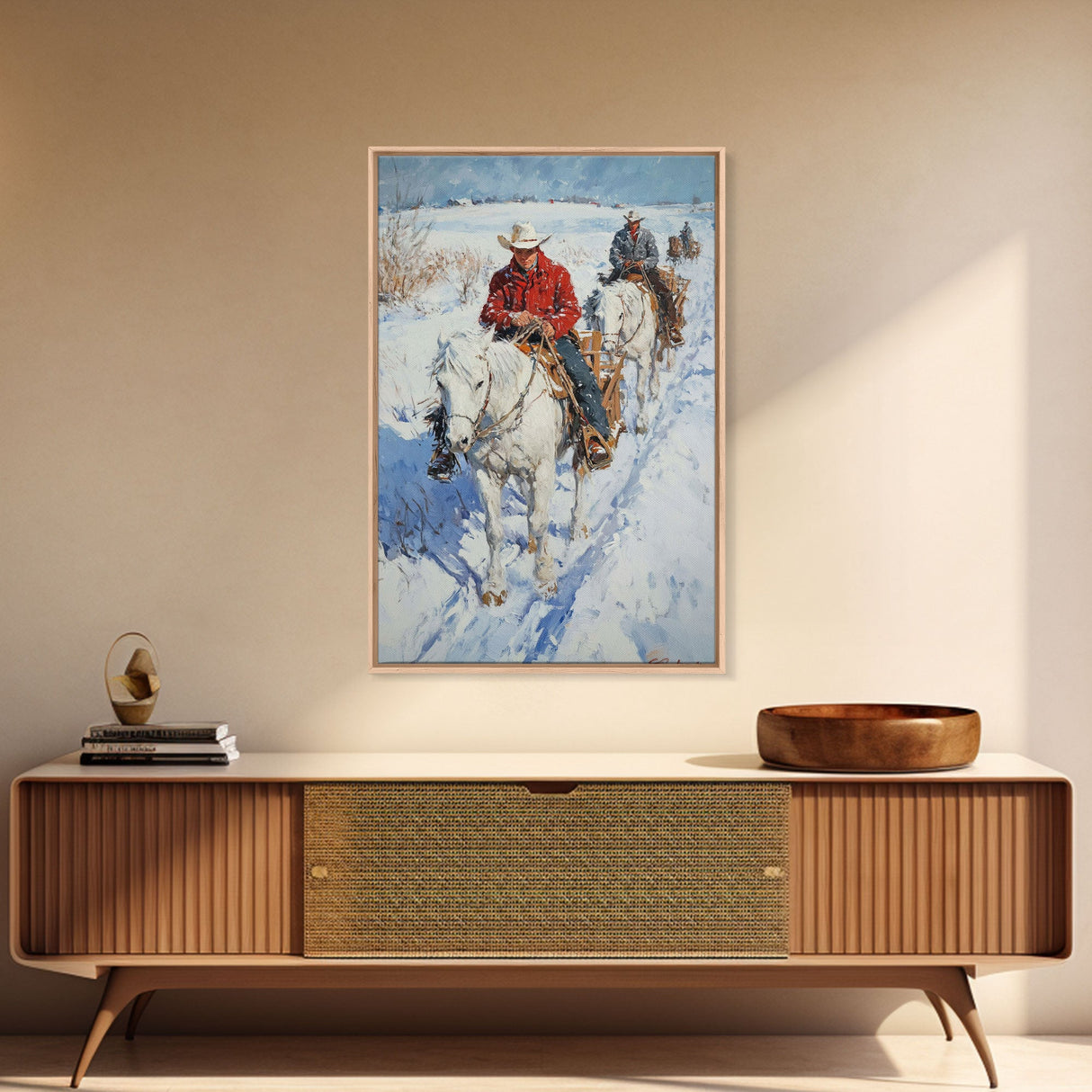 Cowboy Riding Horses in Snow Canvas Print, Winter Wall Art, Rustic Christmas Decor, Holiday Gift Idea, Seasonal Art, Framed Canvas Print