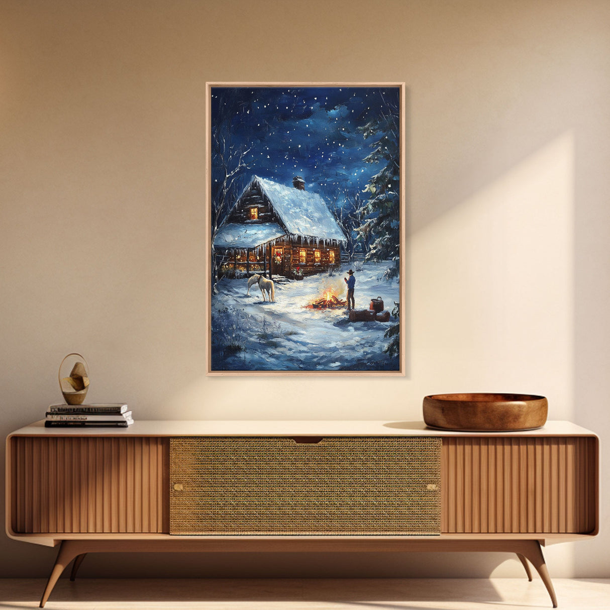 Cowboy Christmas by the Fire Framed Canvas Print, Western Holiday Decor with Snowy Cabin, Cozy Art Perfect for Rustic Christmas Winter Decor