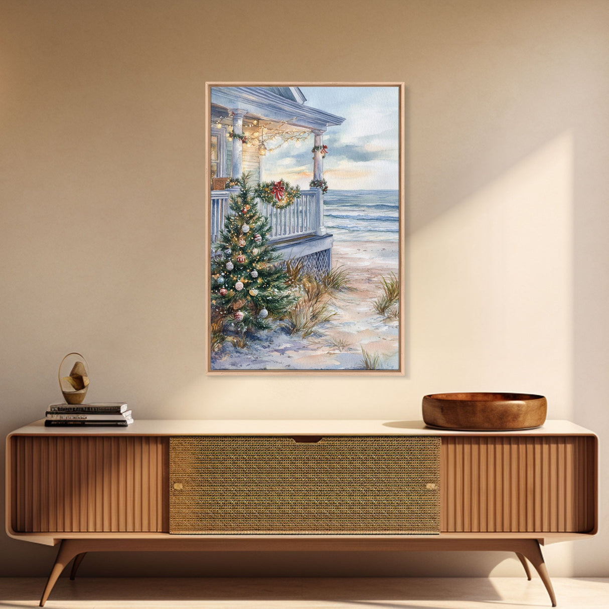 Coastal Christmas Tree Framed Canvas Print, Festive Holiday Decor Tree Beach and Ocean View, Nautical Wall Art Tropical Christmas Decor