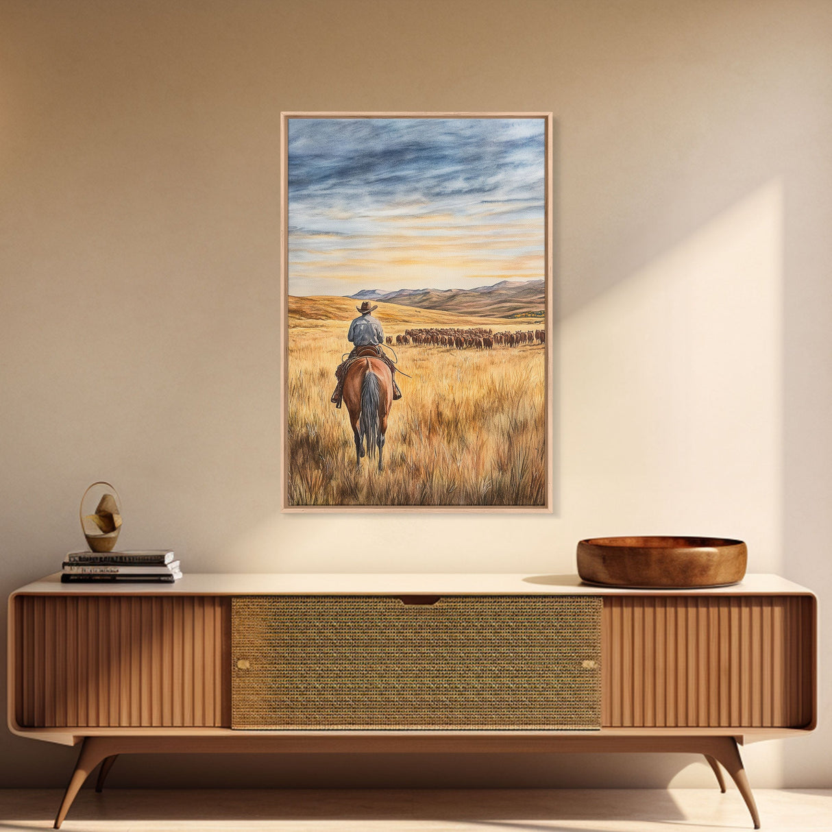 Cowboy leading cattle across golden prairie, Framed Canvas Print, western landscape wall art for rustic farmhouse decor, gift idea holiday