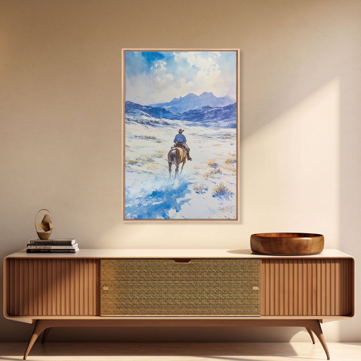 Cowboy riding through snowy mountain pass, Framed Canvas Print, western winter landscape wall art, farmhouse holiday decor Christmas gift