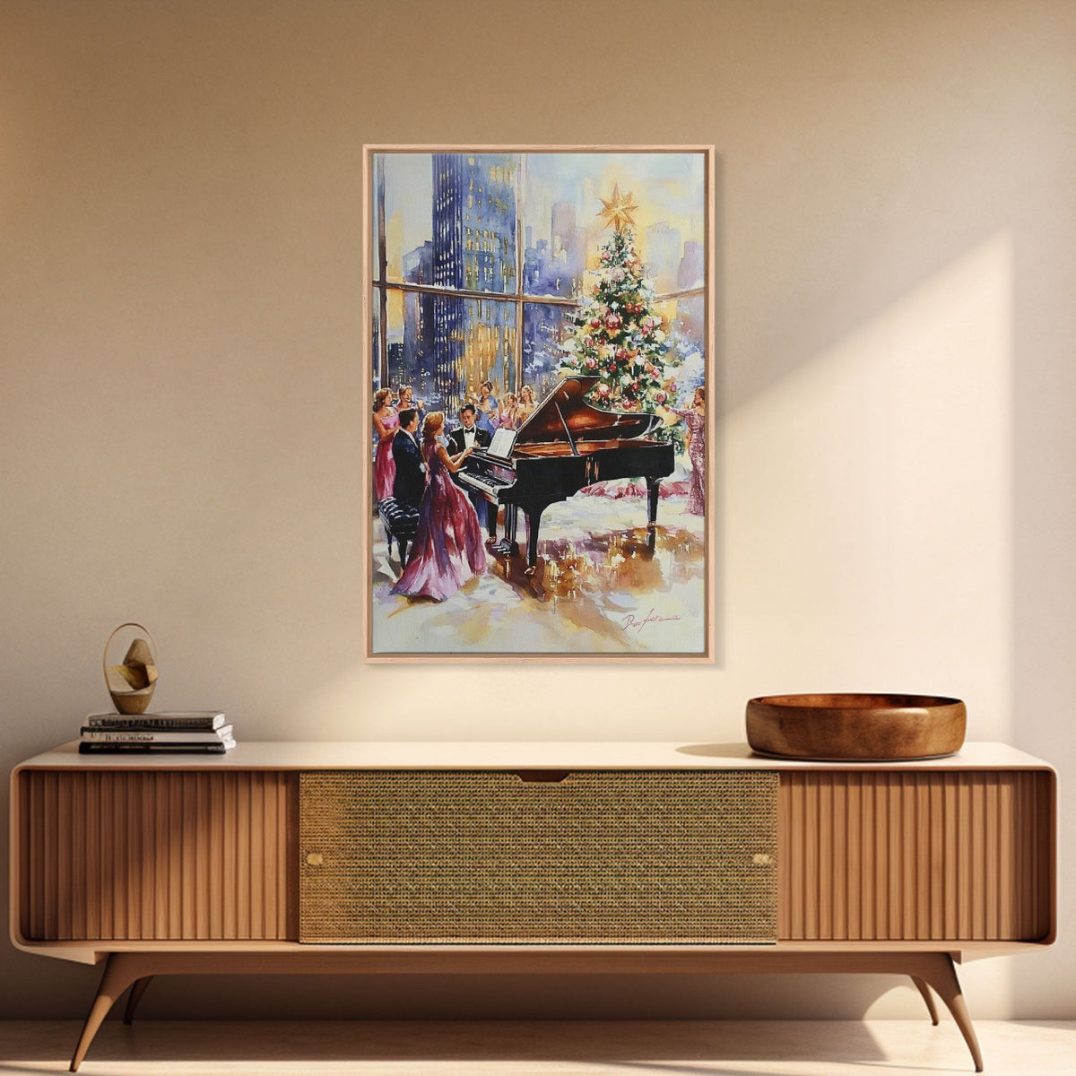 Elegant Christmas party with grand piano and city skyline view Framed Canvas Print, classy holiday wall art perfect seasonal decor idea