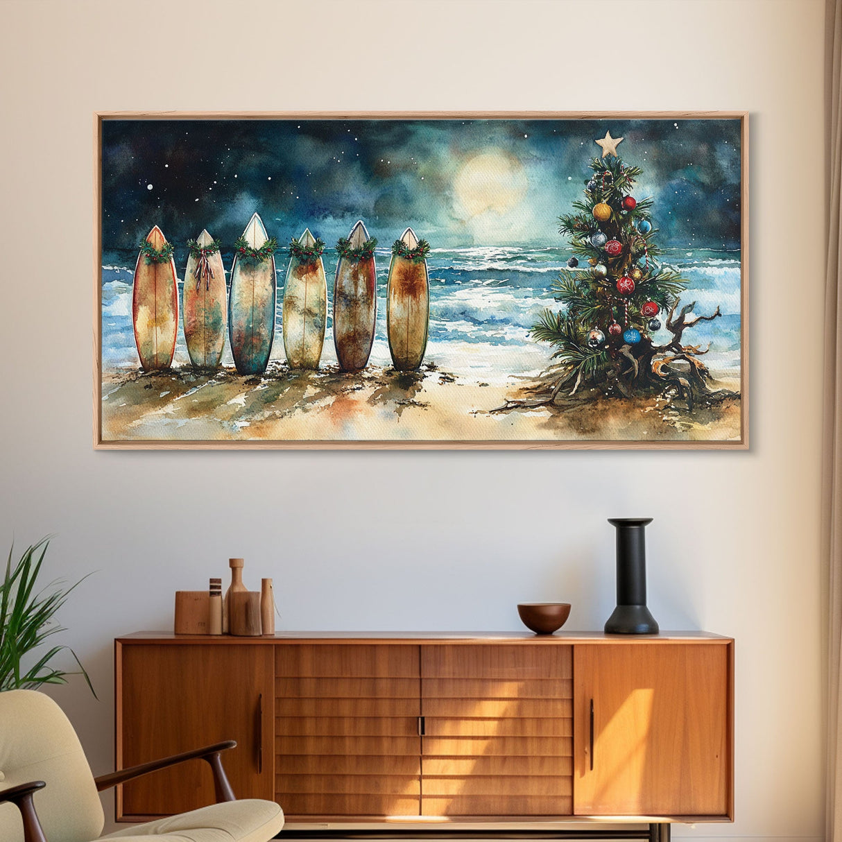 Canvas Print Surfboards and Christmas Tree at Beach, Tropical Christmas Decor, Beach Christmas Art, Coastal Holiday Wall Art