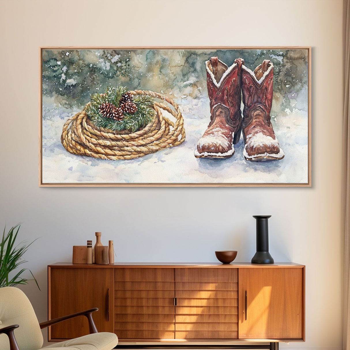 Canvas Print Cowboy Boots with Christmas Wreath and Rope, Rustic Christmas Decor, Winter Western Holiday Art, Farmhouse Wall Print