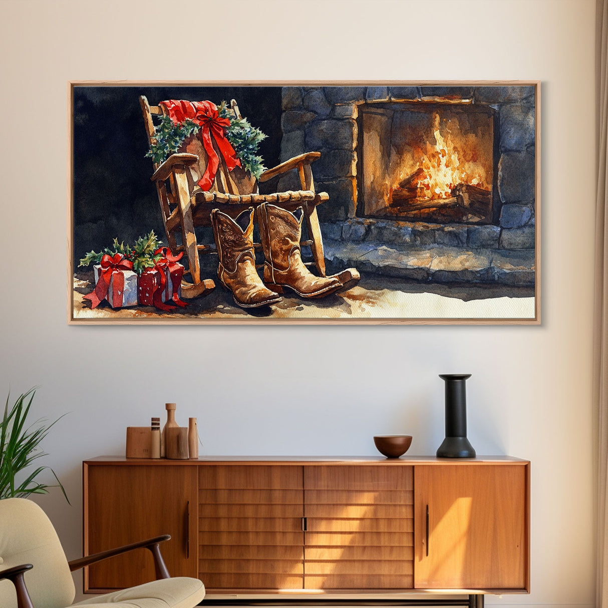 Canvas Print Rocking Chair and Cowboy Boots by Fireplace, Cozy Christmas Decor, Western Holiday Wall Art, Rustic Christmas Scene