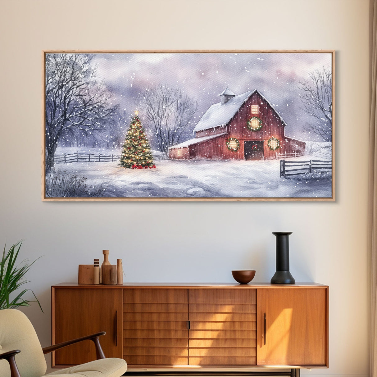 Christmas decor farmhouse Framed Canvas Print snowy barn scene holiday wall art Christmas tree decor best gift Christmas holiday home decor