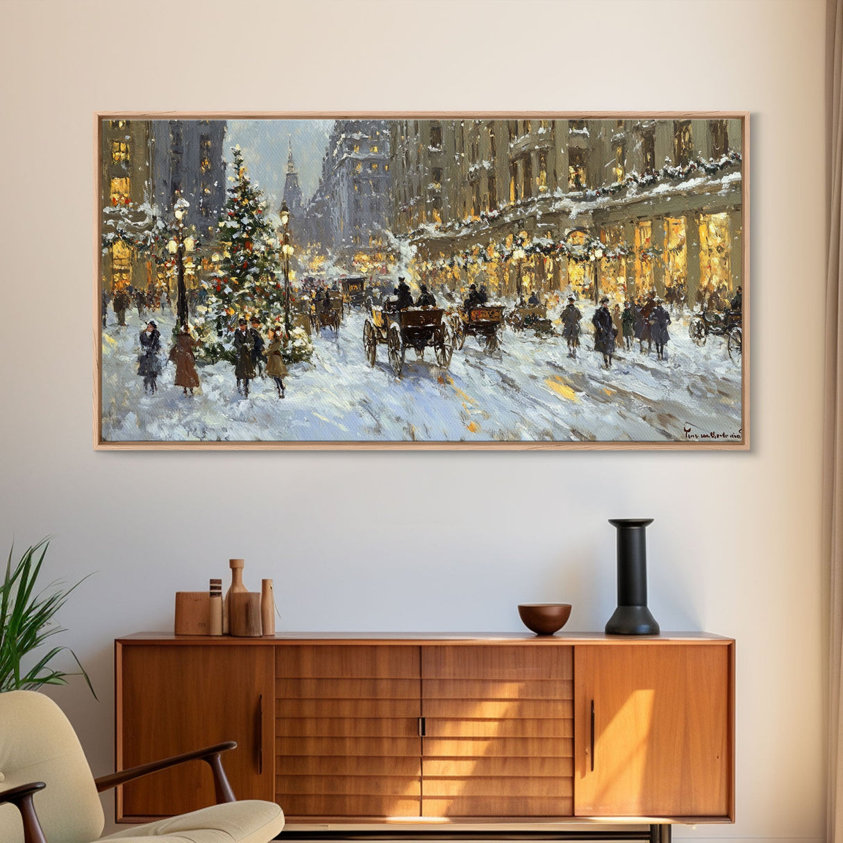 Bustling Christmas Street Scene Tall Art Framed Canvas Print Vintage Winter Holiday Scene With Horse-Drawn Carriages And Festive Lights