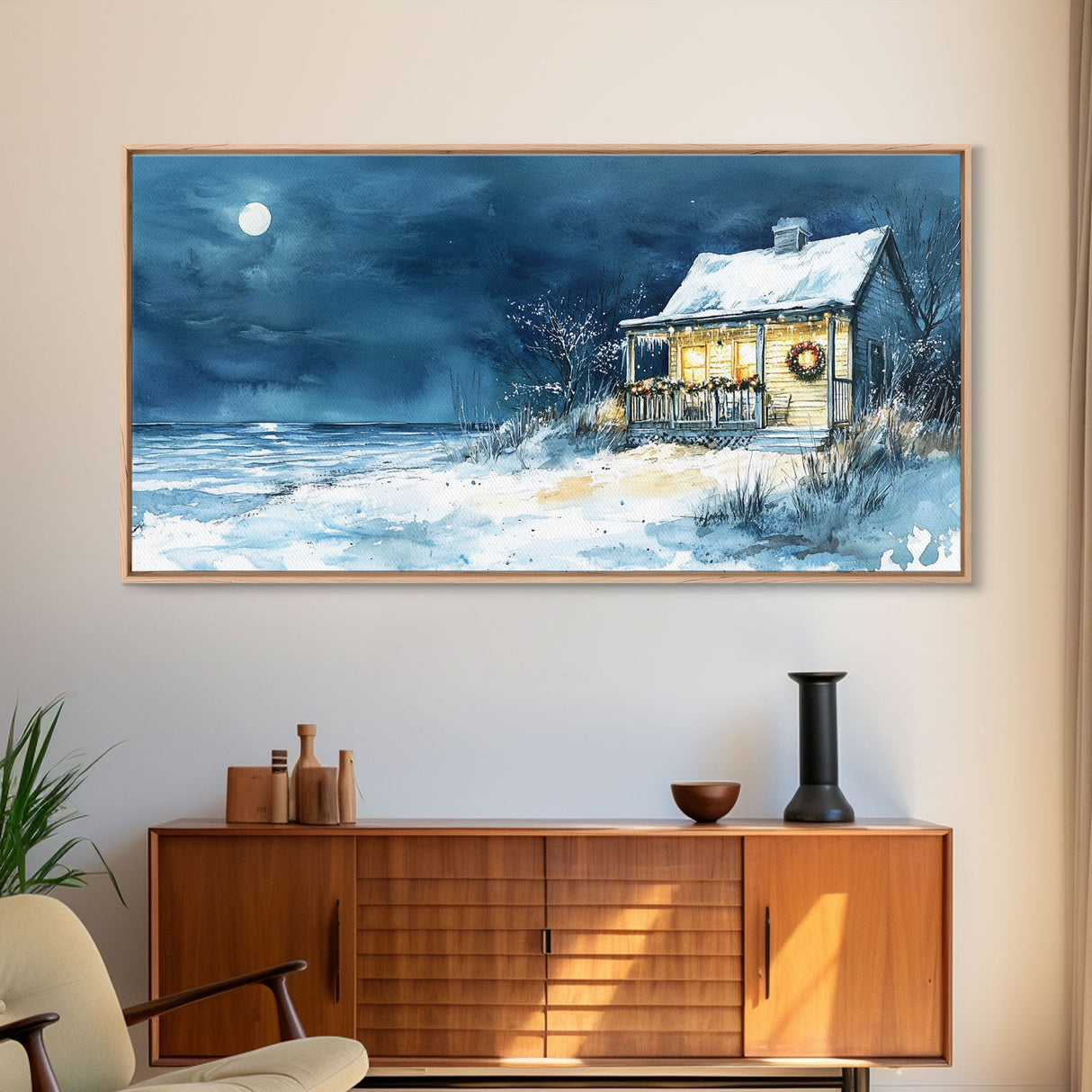Coastal Christmas cabin decor, winter beach house art, snowy holiday seaside print, cozy Christmas wall art, framed canvas print