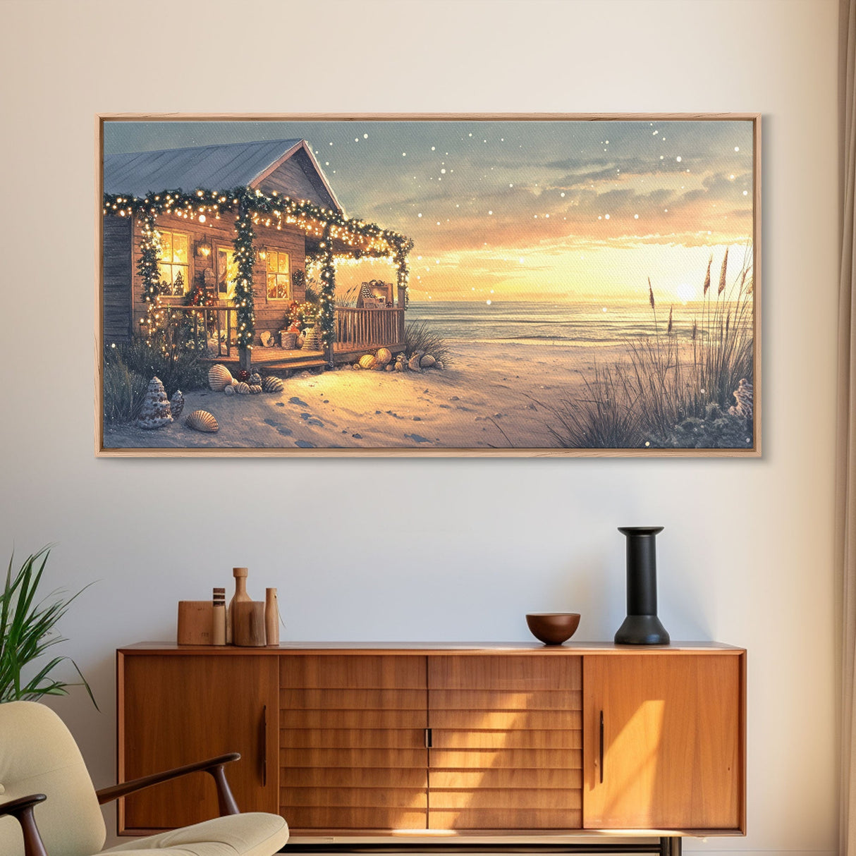 Christmas beach house decor, coastal holiday home art, seaside Christmas wall art, festive beach house print, framed canvas print