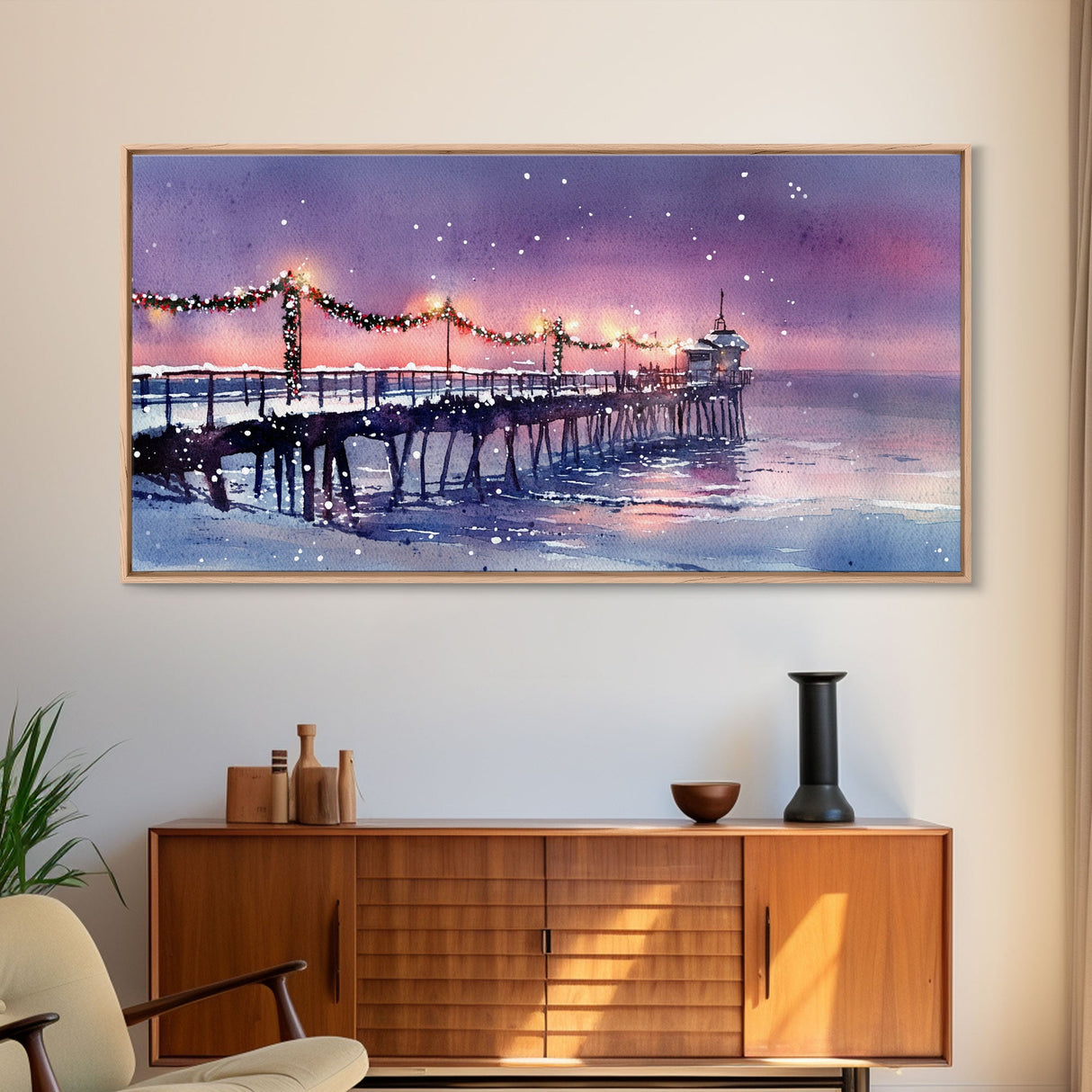 Snow-Covered Pier at Dusk with Christmas Lights, Framed Canvas Print, Coastal Holiday Decor, Winter Wonderland, Nautical Christmas Wall Art