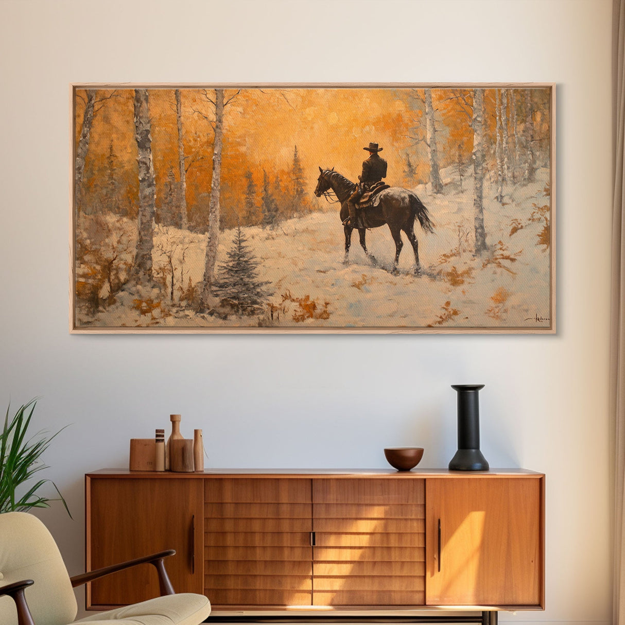 Cowboy riding horse through deep snow in a winter storm, Framed Canvas Print, dynamic winter wall art, rustic western home decor