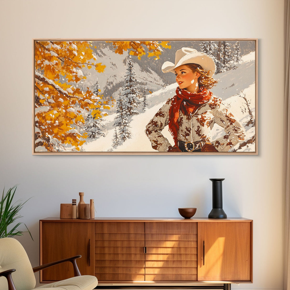 Charming Framed Canvas Print of a Cowgirl in Autumn Leaves, Perfect Fall Wall Decor and Gift Idea for Fans of Western Art Rustic Home Decor
