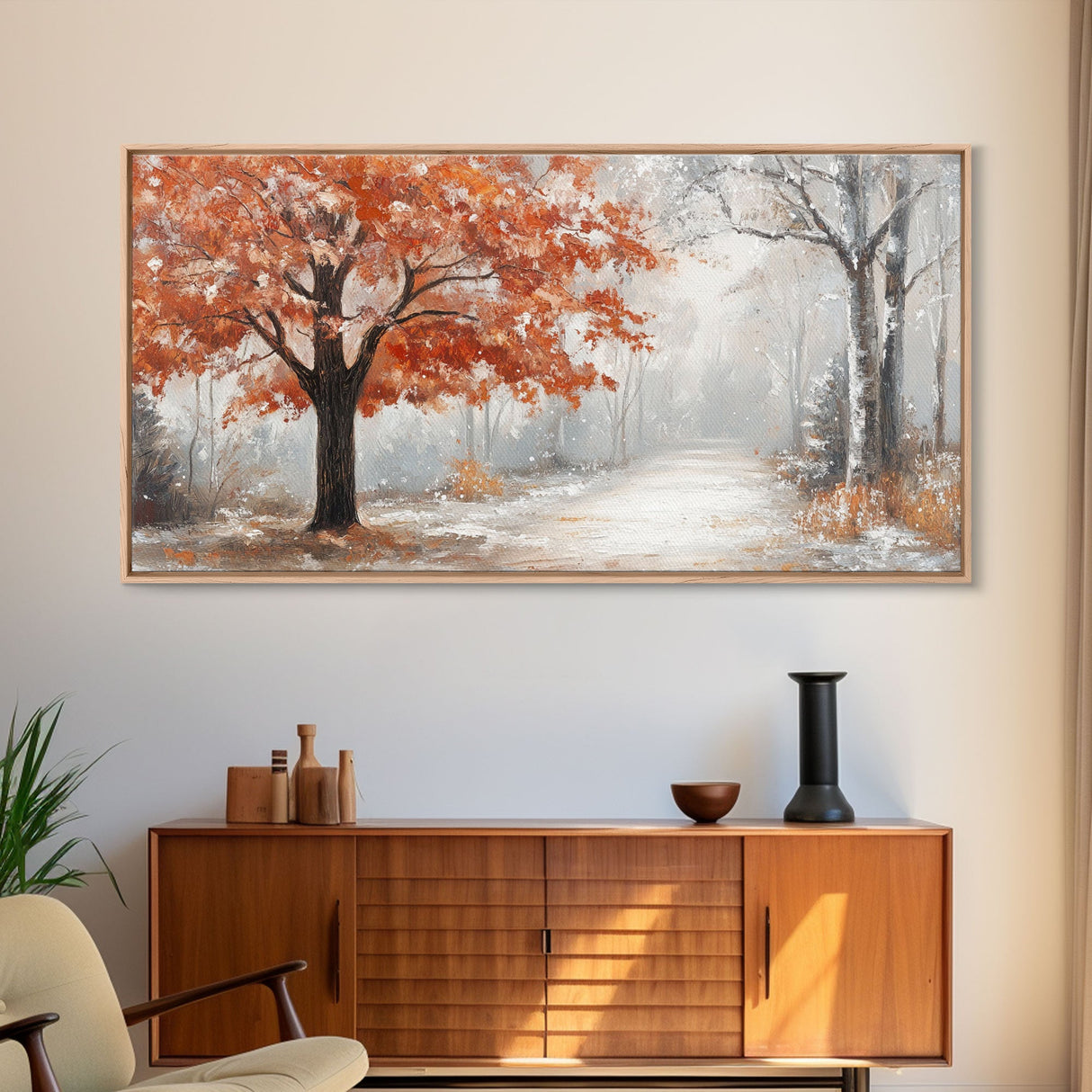 Misty Forest Path with Orange Leaves Framed Canvas Print, Ideal Autumn Decor or Fall Wall Art for Cozy Home Interiors