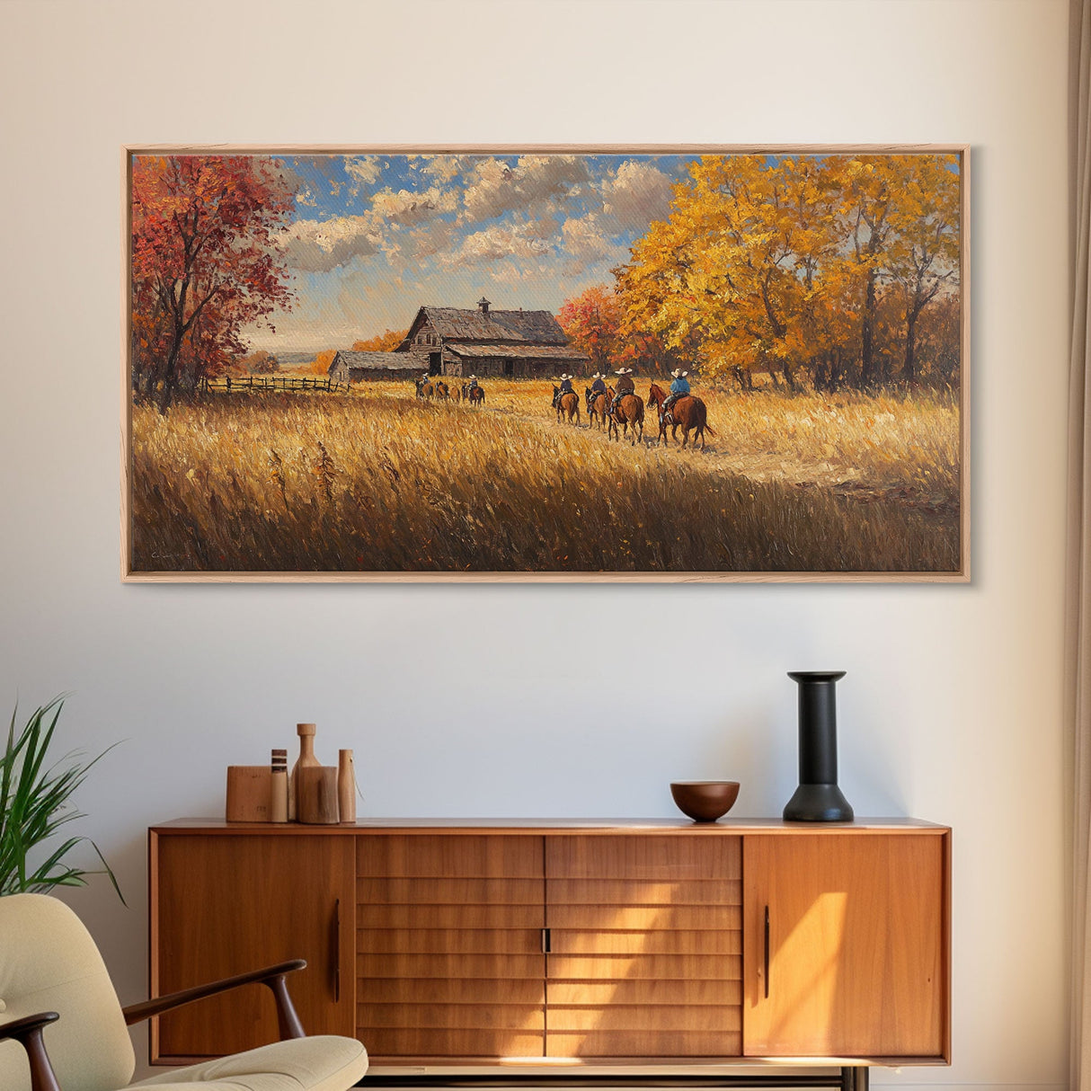 Horseback Riders In Autumn Near Barn, Rustic Fall Wall Art, Cozy Farmhouse Decor Framed Canvas Print, Harvest Time Country Art