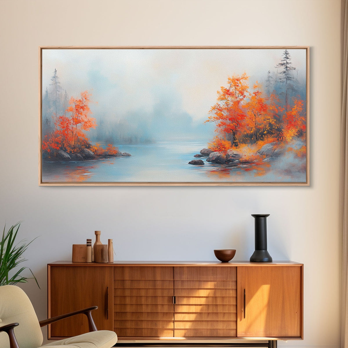 Fall On The Lake, Framed Canvas Print, Beautiful Seasonal Decor, Moody Landscape Painting