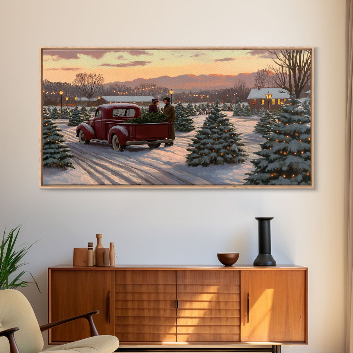 Christmas Tree Farm Framed Canvas Print, Red Truck Winter Scene, Farmhouse Christmas Decor, Christmas Vacation Decor, Holiday Art Gift