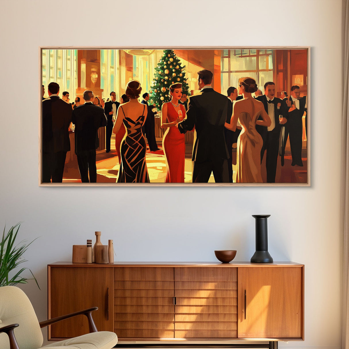 Vintage Christmas Shopping Framed Canvas Print, Retro Holiday Decor, Christmas Tree Scene Art, Vintage Christmas Home Decor, Best Gift Idea