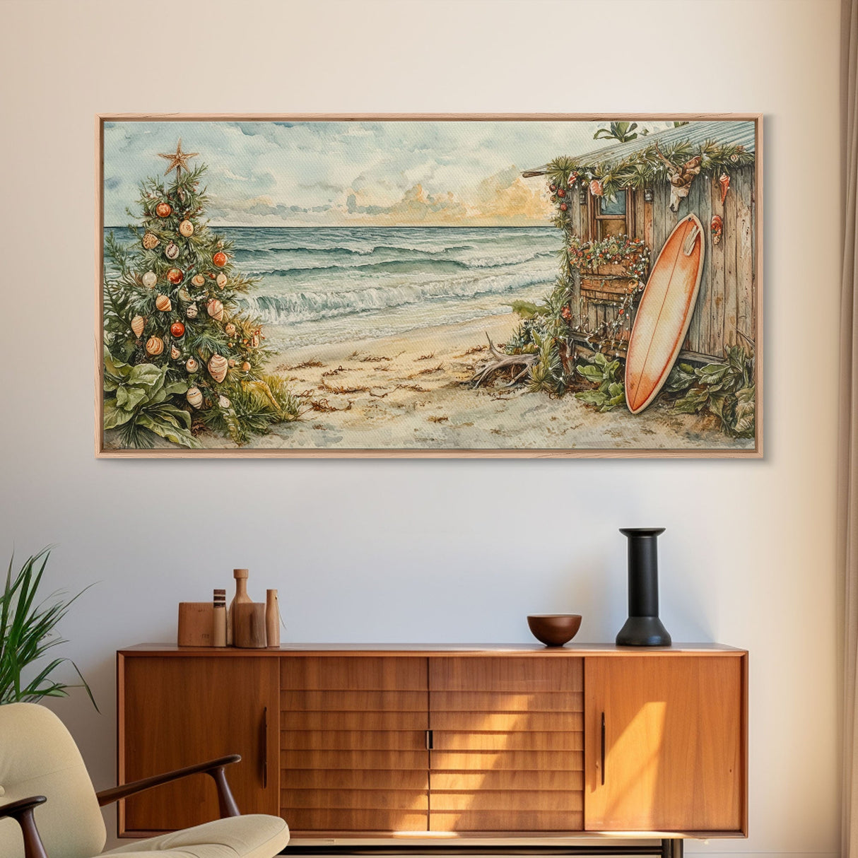 Christmas Tree Beside Rustic Beach House Coastal Holiday Scene Framed Canvas Print, Beach Christmas Wall Art And Decor