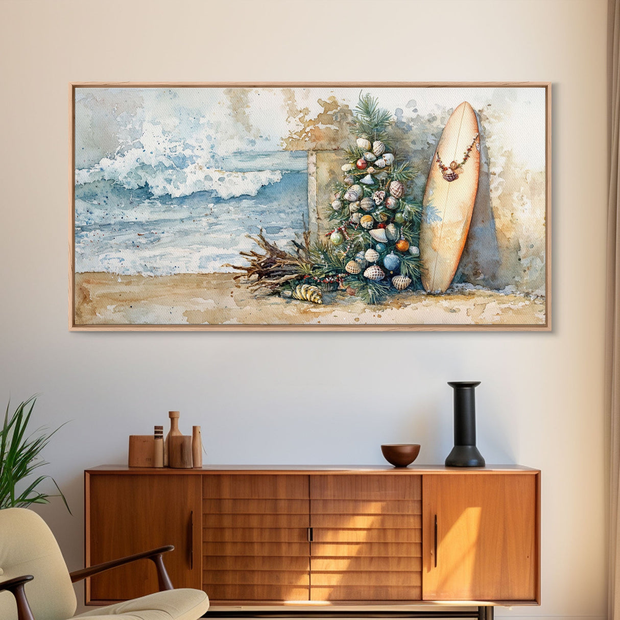 Coastal Christmas Scene Surfboards Christmas Tree Framed Canvas Print, Beach Holiday Decor Wall Art With Surfing Theme