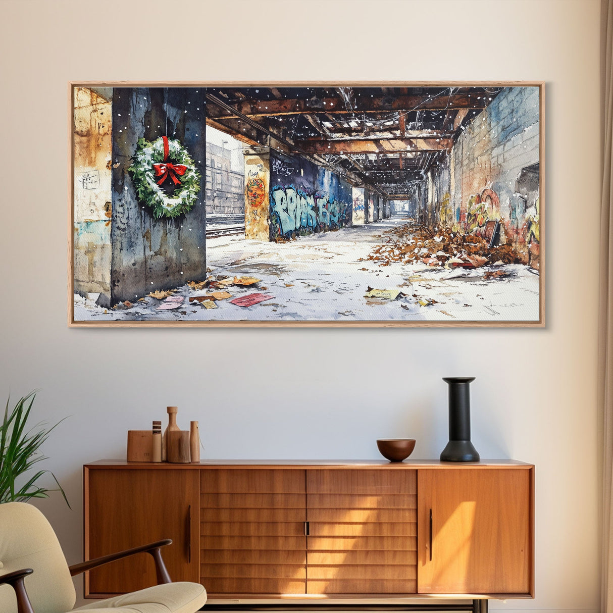 Rustic Urban Wreath Holiday Decor Framed Canvas Print, Christmas Scene with Snowfall and Graffiti Wall Perfect Holiday Wall Art
