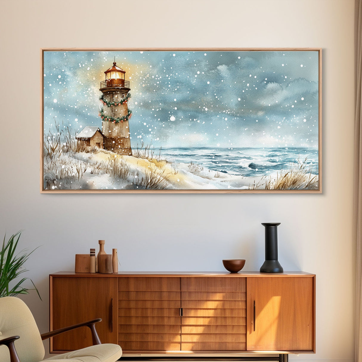 Coastal Christmas Lighthouse Decor Framed Canvas Print, Snowy Beach Scene with Holiday Wreath and Lighthouse Winter Wall Art