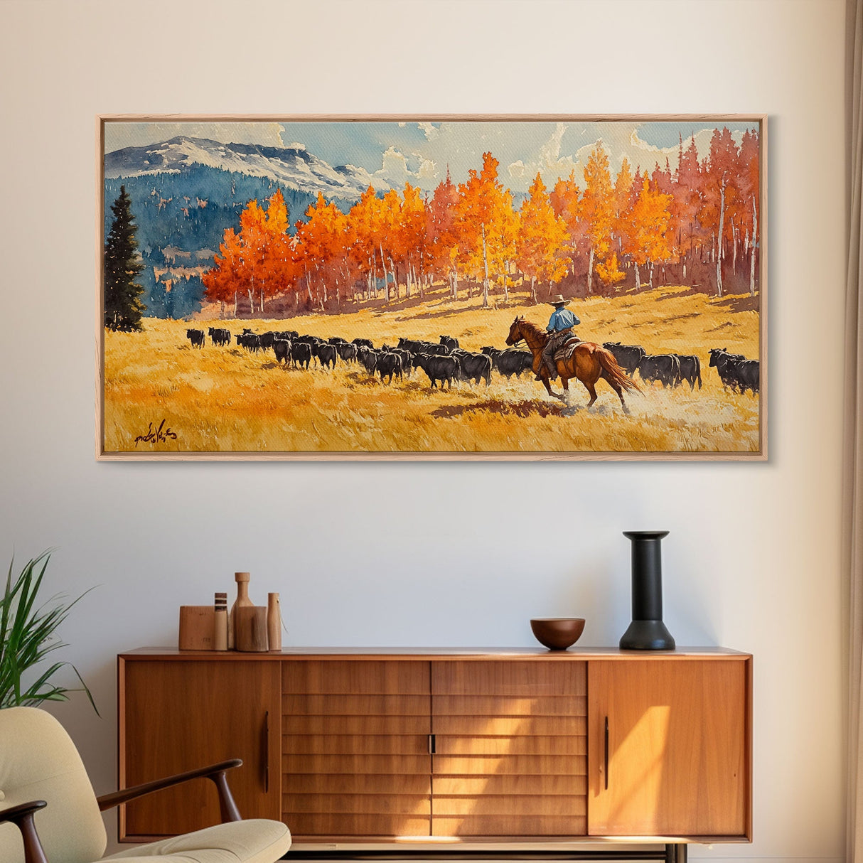 Cowboy Herding Cattle Under Mountains Framed Canvas Print Tall Art Autumn Country Landscape Fall Decor Western Wall Art Farmhouse Gift Idea