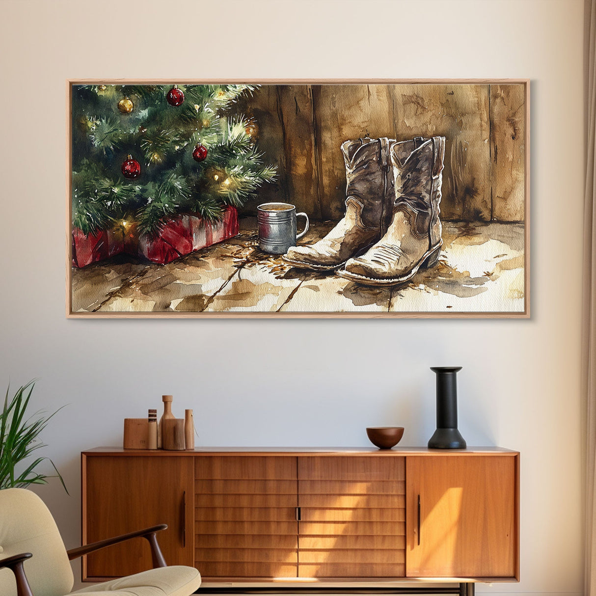 Christmas Cowboy Boots By Tree Framed Canvas Print Tall Art Rustic Western Christmas Decor Farmhouse Holiday Wall Art Cowboy Holiday Gift