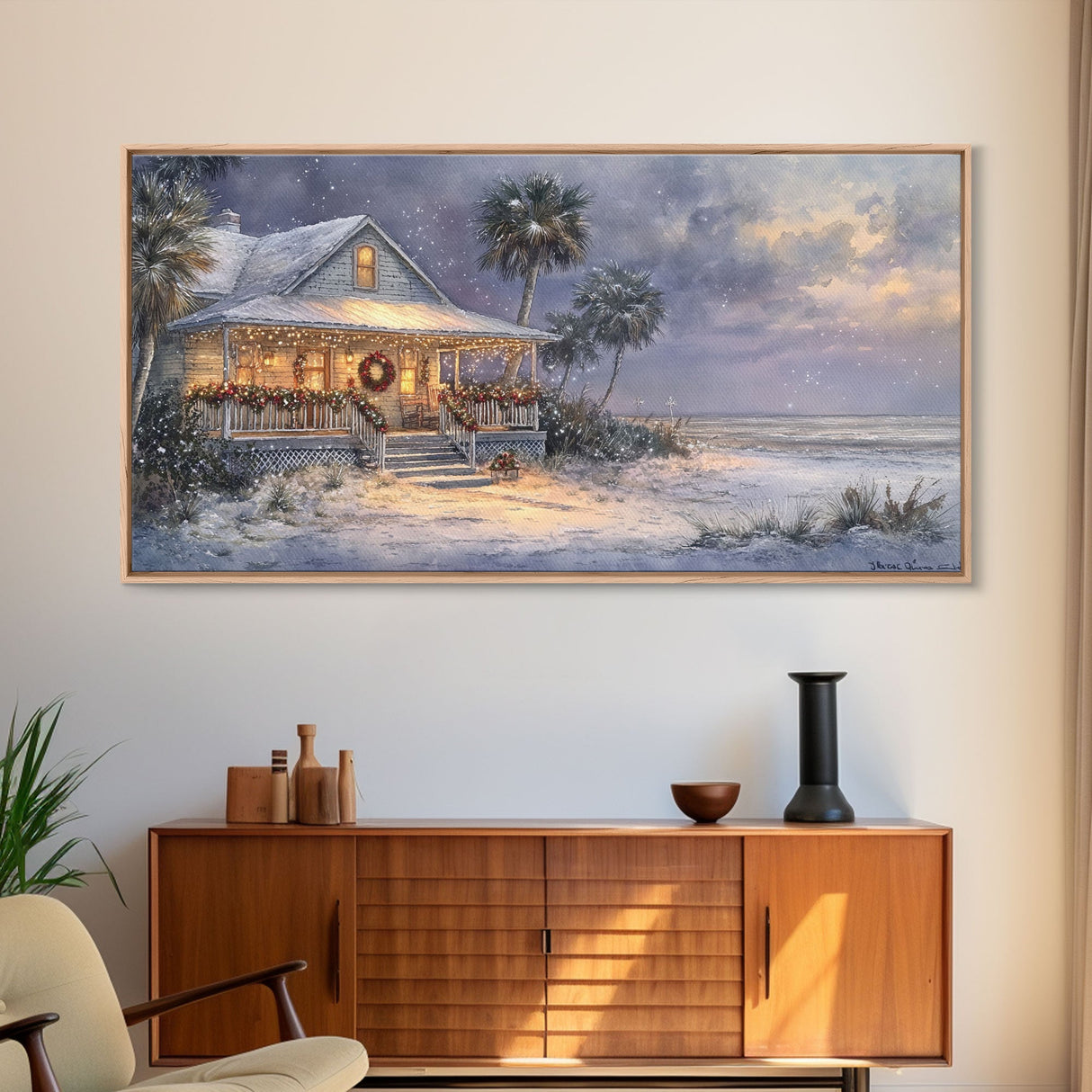 Christmas beach decor scene in tropical house with wreath and lights, Framed Canvas Print palm trees snow, winter art and holiday home decor