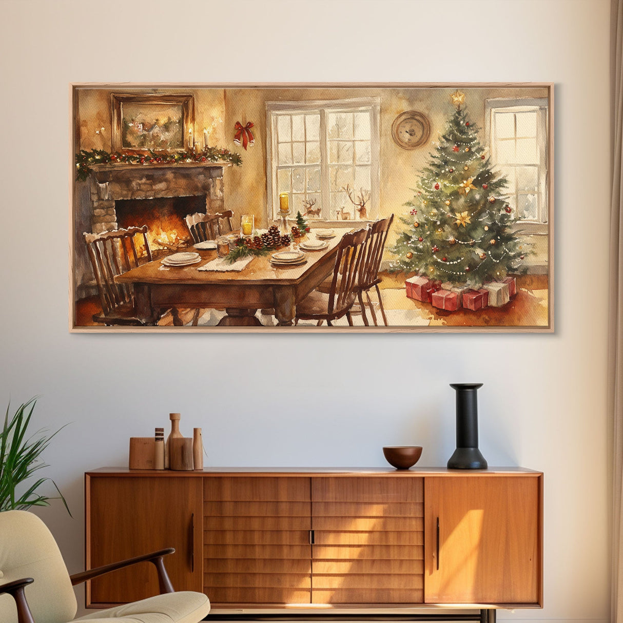 Rustic Christmas dining room scene with a Christmas tree, Framed Canvas Print with a festive table warm fireplace, farmhouse holiday decor