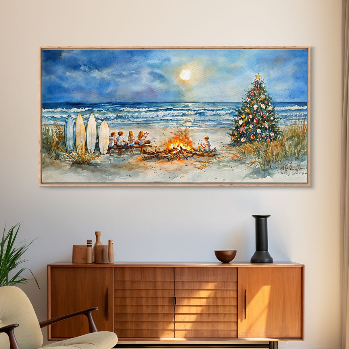 Christmas bonfire on the beach with surfboards and decorated tree, framed canvas print ideal tropical holiday wall art decor