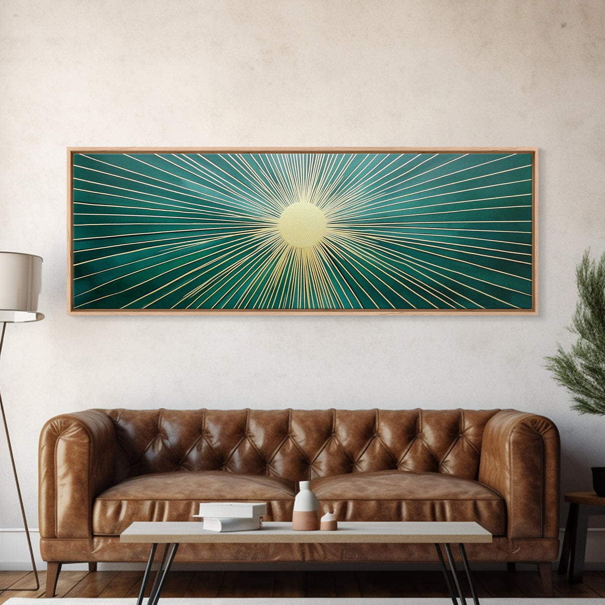 Boho Sunburst Canvas Print, Retro Vibes, Eclectic Wall Art, Large and Wide Horizontal Panoramic Framed Canvas, Minimalist Above Bed Decor