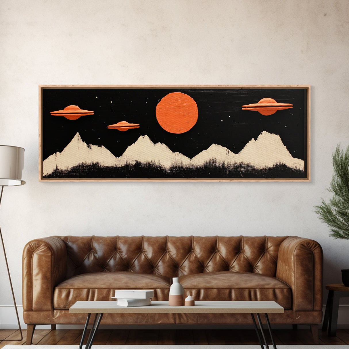 Cute Nursery Decor - Boy's Room Wall Art - Panoramic Flying Saucers or UFOs Art Print - Framed Canvas