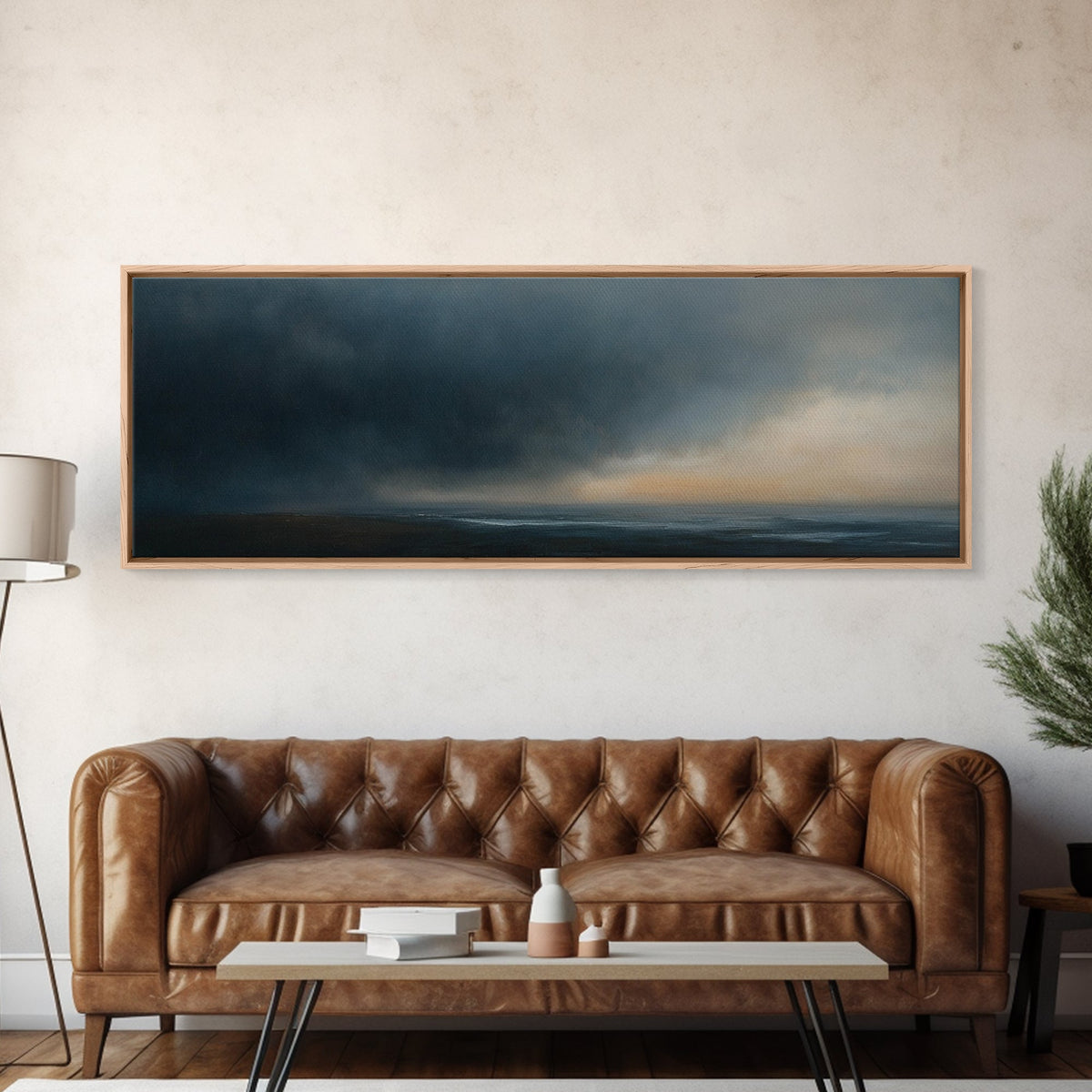 Framed Moody Wall Art, Panoramic Seascape On a Stormy Day - Dark Decor - Cloudy Sky Art - Above Bed Decor, Above Sofa Painting