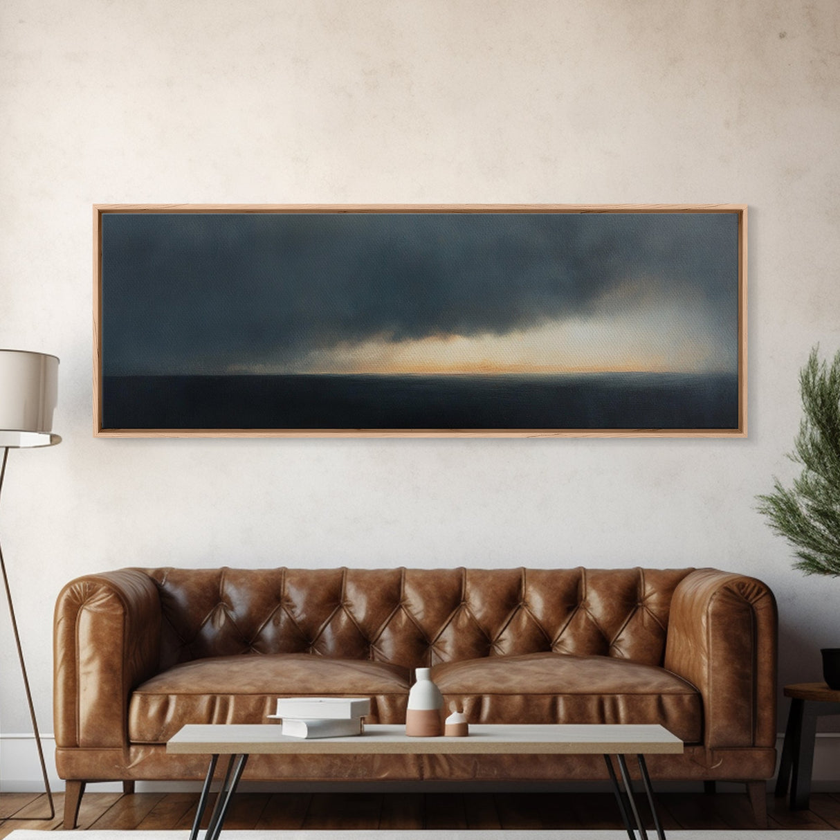 Storm On The Horizon - Panoramic Seascape Painting Print - Subdued Wall Art - Moody Decor - Boho Style Minimalist Landscape Painting