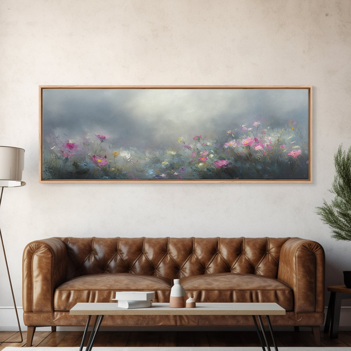 Moody Wild Flowers Under a Cloudy Sky, Panoramic Framed Canvas Print, Nature Decor, Boho Floral Wall Art, Flower Painting Gift For Her