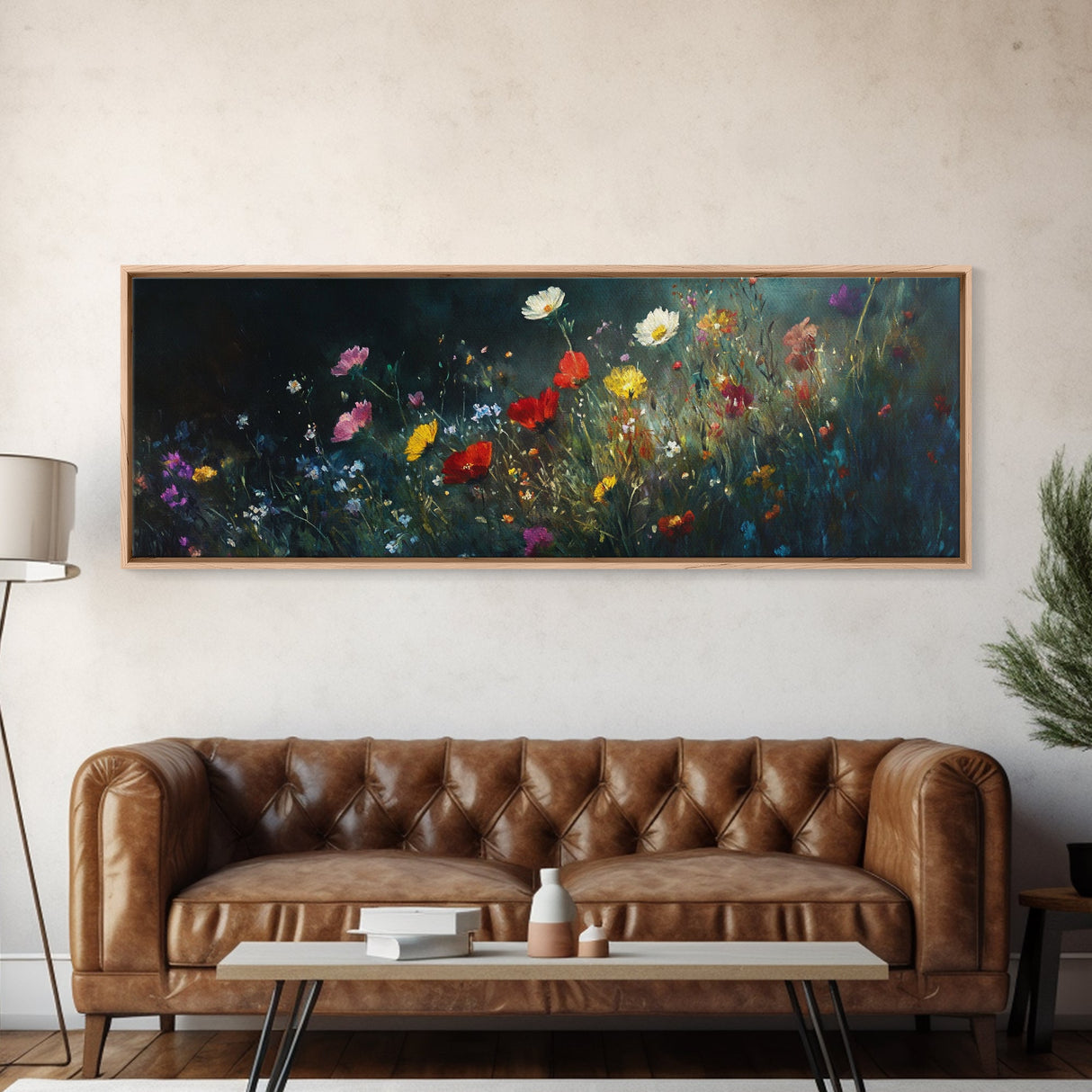 Wildflowers At Midnight Framed Canvas Print, Moody Decor, Boho Minimalist Wall Art, Modern Art, Floral or Botanical Wall Art
