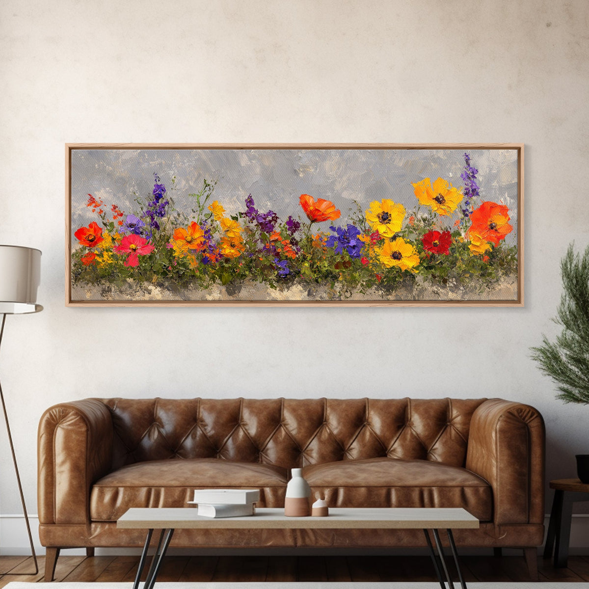 Rustic Wildflower Print, Wood Framed Canvas Art, Wild Flowers Oil Painting Print, Boho Style Minimalist Decor, Farmhouse Art