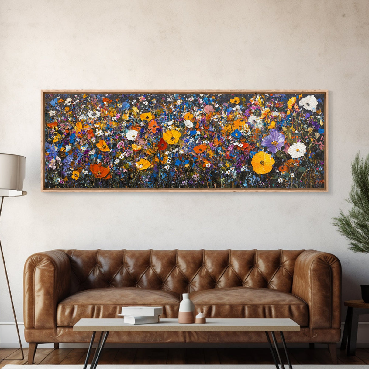 Field of Flowers - Floral Decor - Boho Farmhouse Wall Art Framed Canvas Print - Minimalist Decor - Cute Vibrant Wall Art