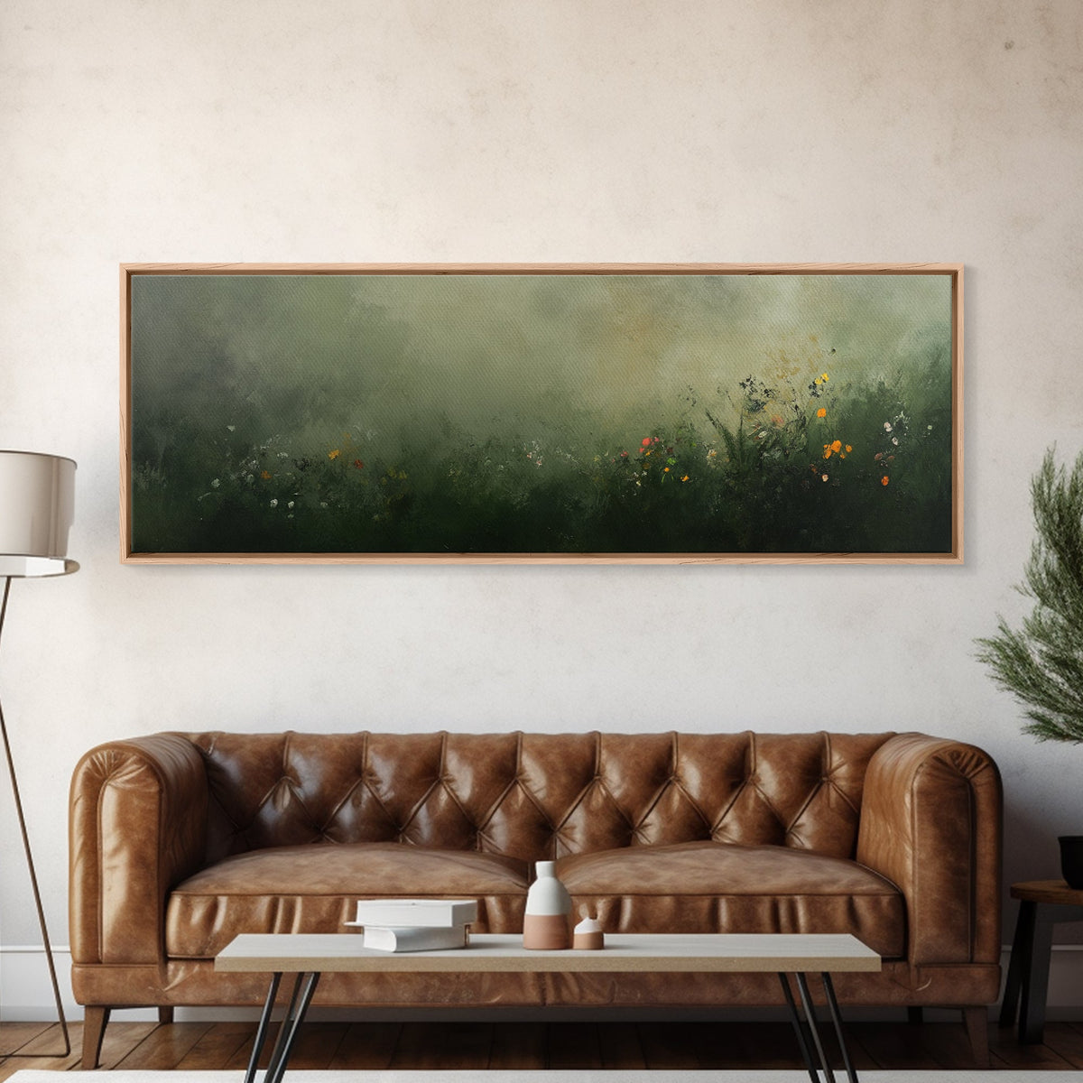 Fog Over The Wild Flowers Framed Canvas Print, Moody Muted Decor, Panoramic Painting Wall Art, Living Room Decor