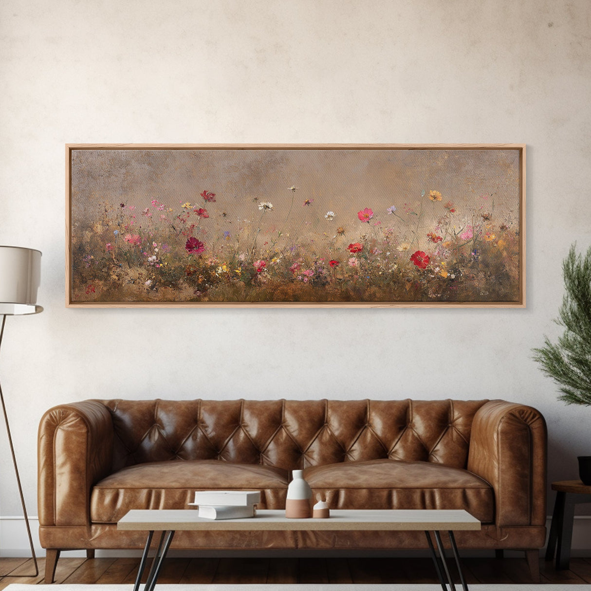 Wild Flowers On a Grey Background, Framed Canvas Print, Panoramic Oil Painting Print, Boho Farmhouse Decor, Modern Rustic Primitive Decor