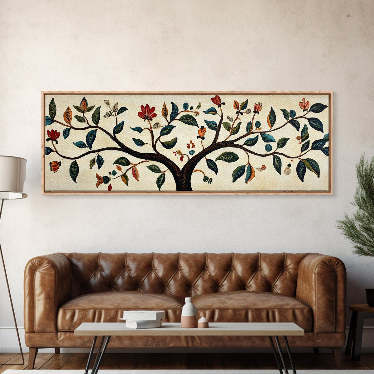 Wabi Sabi Inspired Botanical Print, Panoramic Canvas Art, Boho Style Textile Wall Art Print, Above Bed Or Sofa, Guest Room Decor