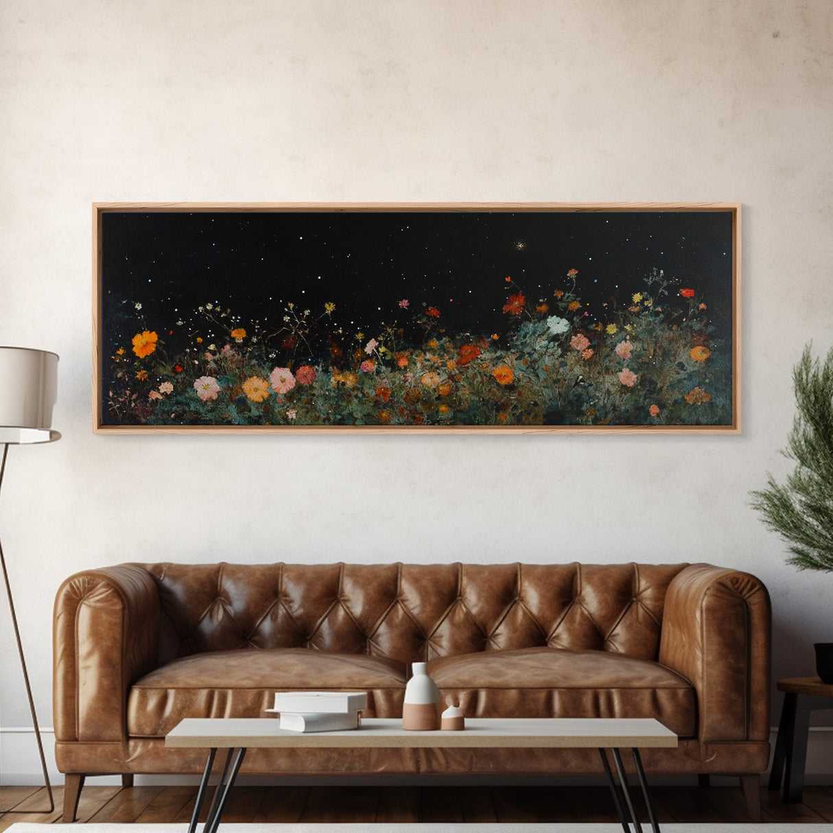 Field of Wildflowers Framed Wall Art Canvas Print, Vintage Botanical Landscape Art, Panoramic Print, Modern Farmhouse Art