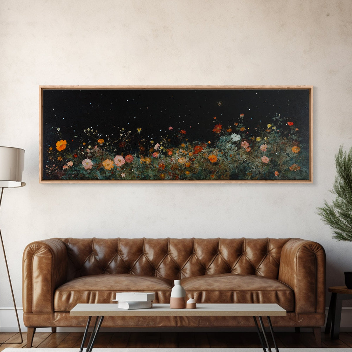 Field of Wildflowers Framed Wall Art Canvas Print, Vintage Botanical Landscape Art, Panoramic Print, Modern Farmhouse Art