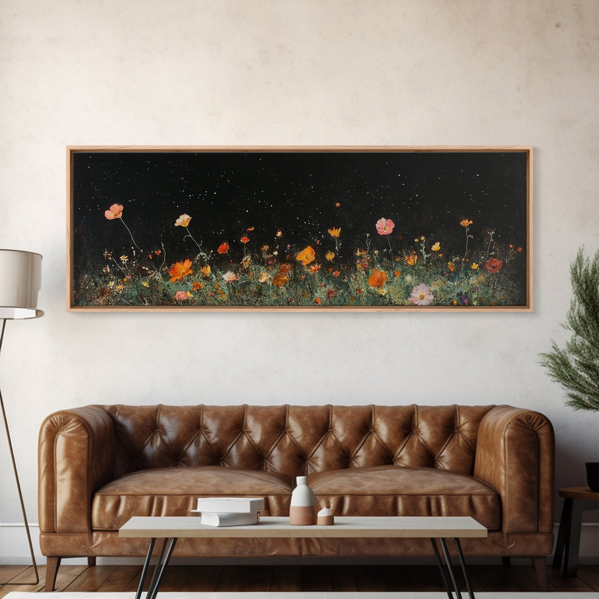 Dark & Moody Wild Flowers Under a Full Moon, Framed Canvas Print, Panoramic Extra Wide Wall Art, Oversized Home Decor, Modern Farmhouse Art