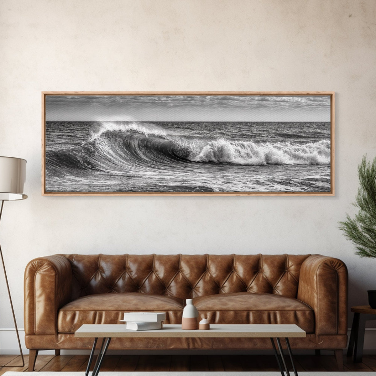 Subdued Black and White Ocean Photography Style Print, Panoramic Wall Art, Wood Framed Canvas Art, Seascapes, Nautical Decor